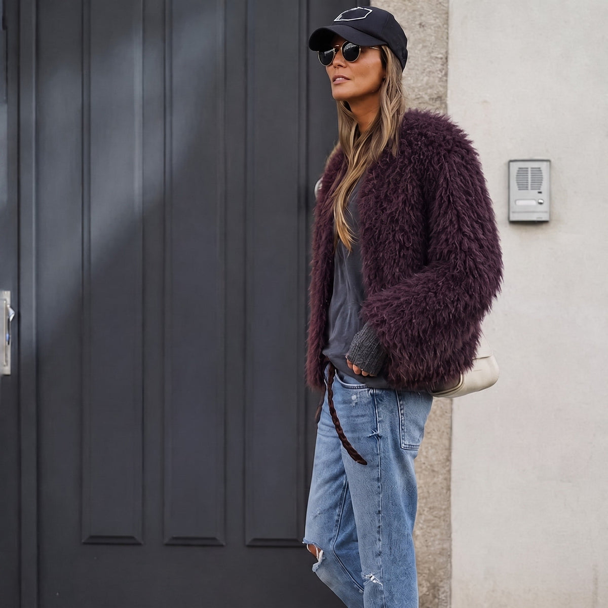 Lillith - Women's Thickened Faux Fur Cropped Jacket - Coats & Jackets - Burgundy - Parker&Brooks