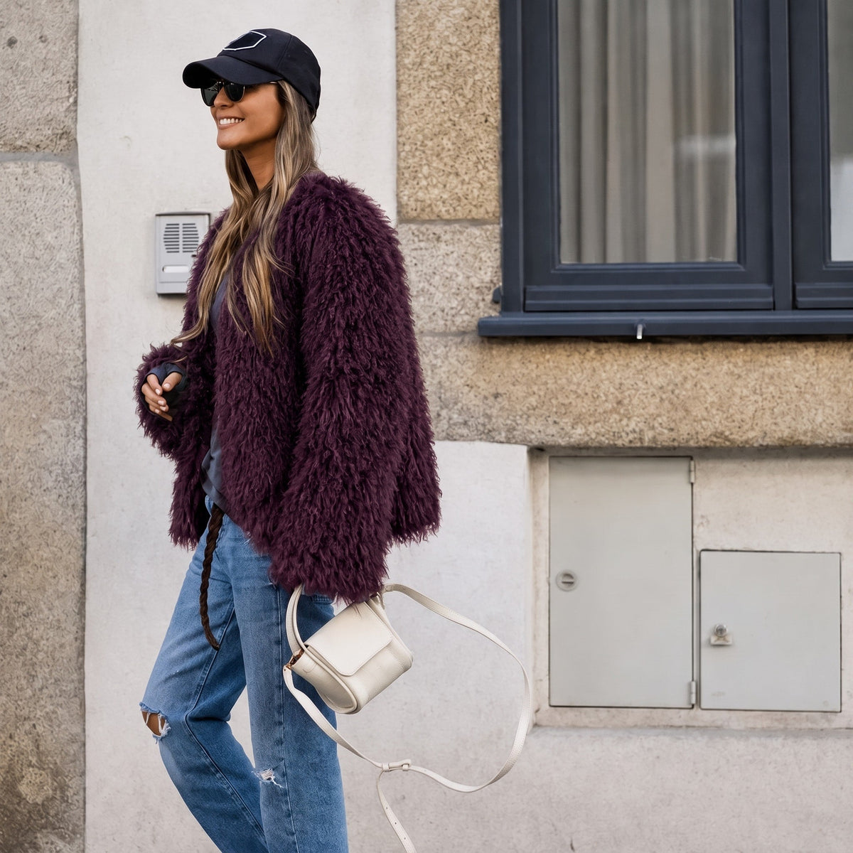 Lillith - Women's Thickened Faux Fur Cropped Jacket - Coats & Jackets - Burgundy - Parker&Brooks