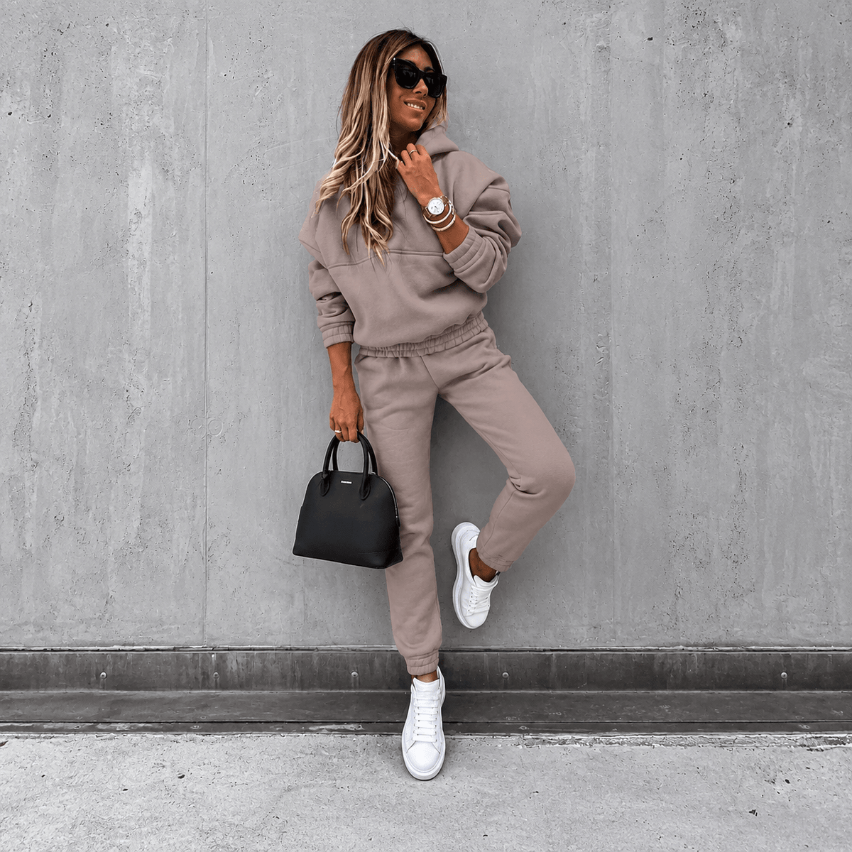 Livia - Women's Oversized Hooded Sweatshirt and Jogger Set - Outfit Sets - Beige - Parker&Brooks