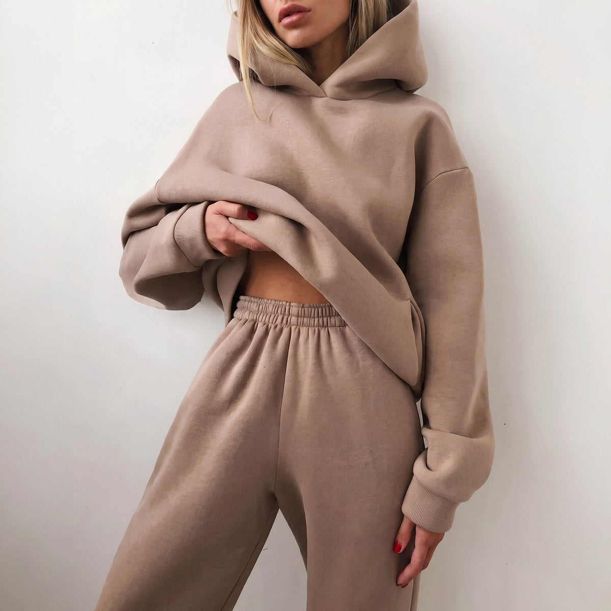 Lola - Women's Oversized Hooded Sweatshirt and Jogger Set - Outfit Sets - Khaki - Parker&Brooks