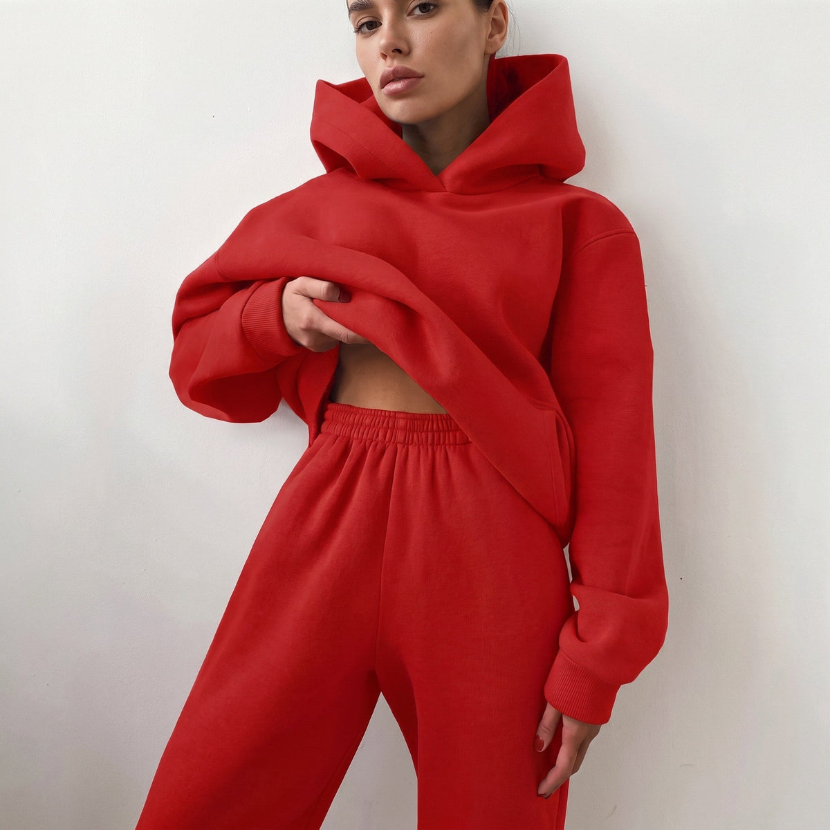 Lola - Women's Oversized Hooded Sweatshirt and Jogger Set - Outfit Sets - Red - Parker&Brooks
