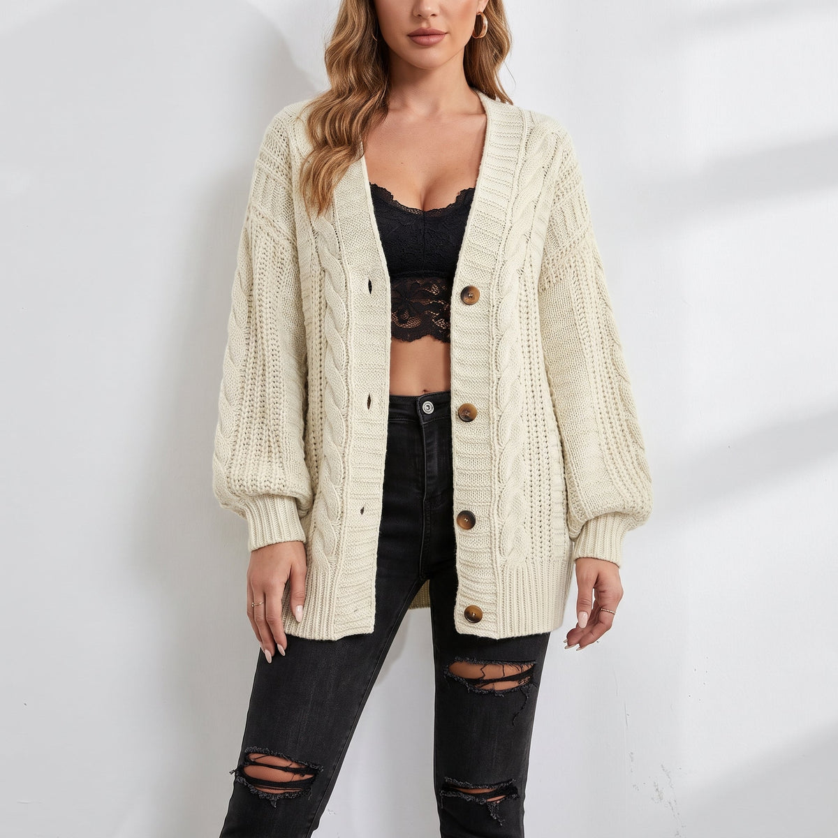 Maggie - Women's Oversized Cable Knit Cardigan with Deep V-Neck - Cardigans - Beige - Sarvento