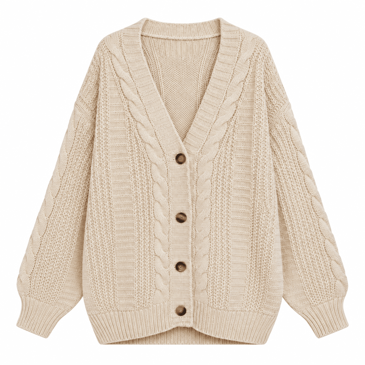 Maggie - Women's Oversized Cable Knit Cardigan with Deep V-Neck - Cardigans - Beige - Sarvento