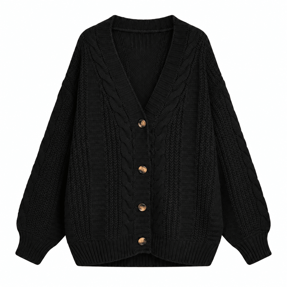 Maggie - Women's Oversized Cable Knit Cardigan with Deep V-Neck - Cardigans - Black - Sarvento