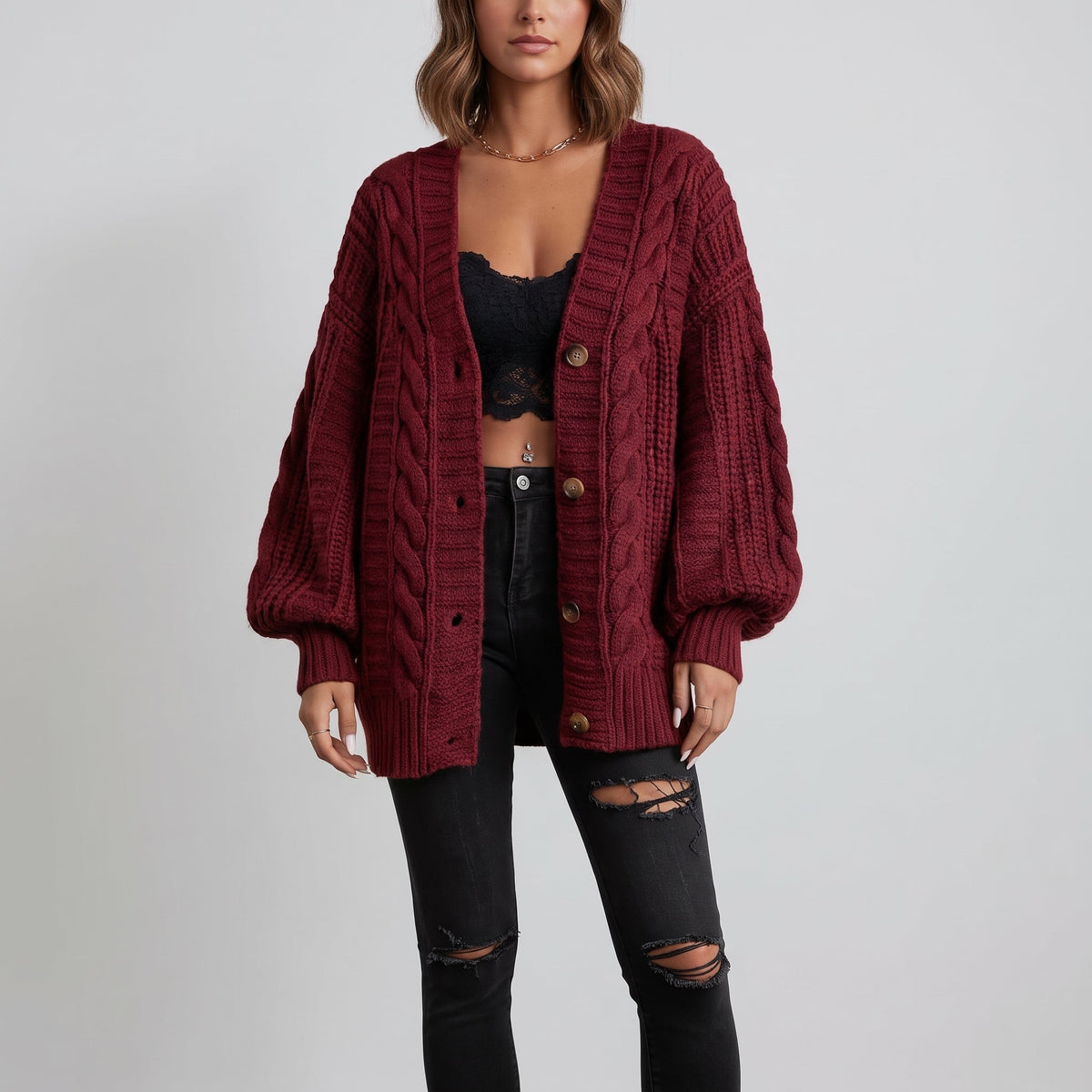 Maggie - Women's Oversized Cable Knit Cardigan with Deep V-Neck - Cardigans - Red - Sarvento