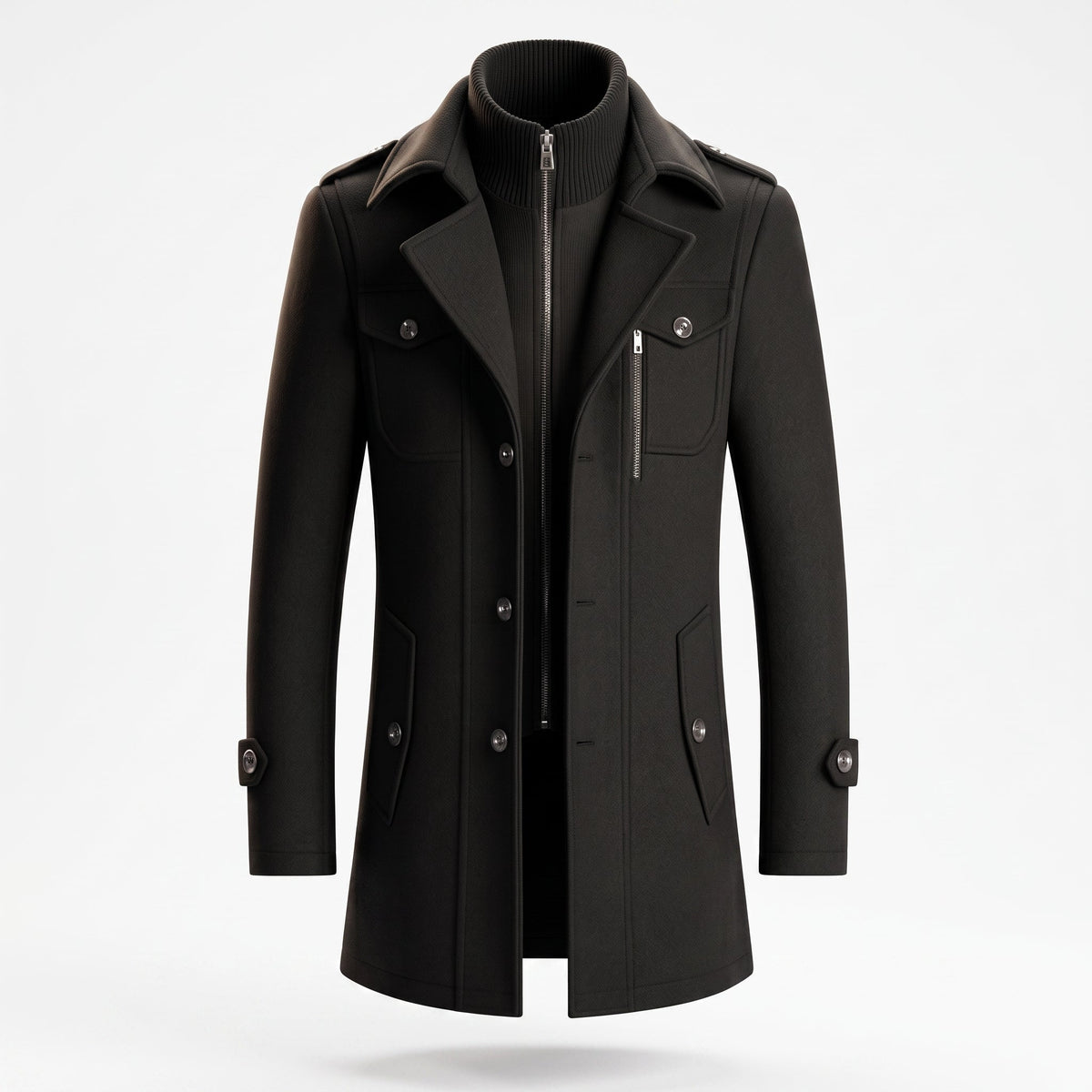 Marco - Men's Longline Wool-Look Overcoat with Zip Collar - Overcoats - Black - Parker&Brooks