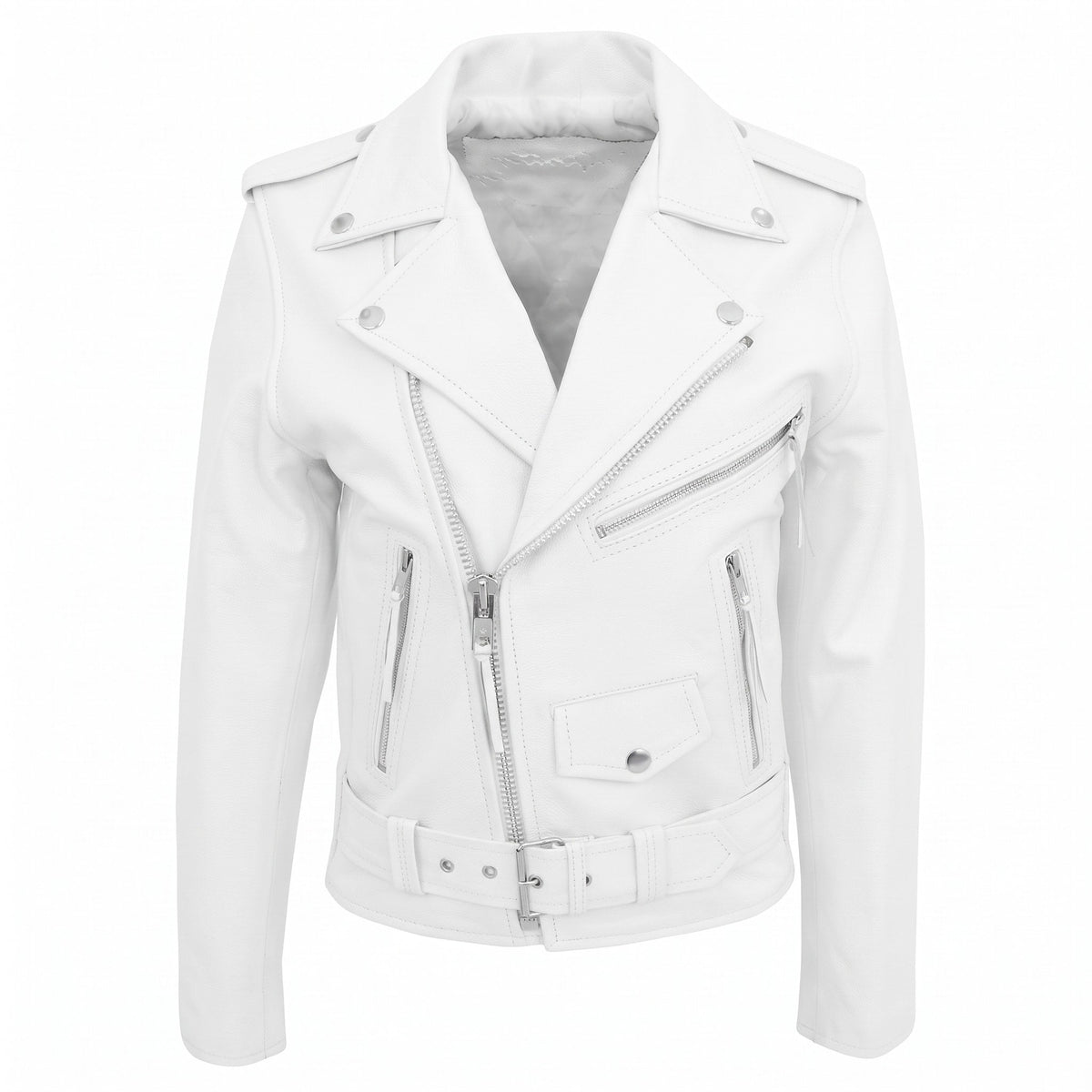 Marcus – Men’s Belted Asymmetric Notch Lapel Zip Biker Jacket - Motorycle Outwear - White - Sarvento