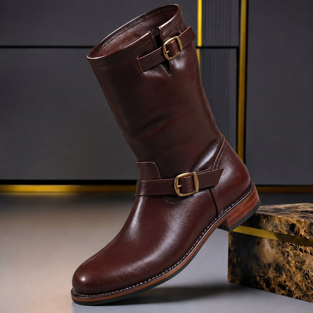 Marcus - Men's Buckle Strap Engineer Boots with Slouch Shaft - Boots - Dark Brown - Parker&Brooks