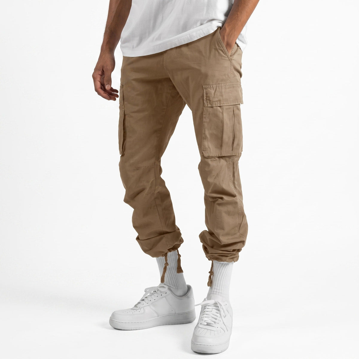 Marcus - Men's Cargo Trousers with Cuffed Hem - Cargo Pants - Beige - Parker&Brooks