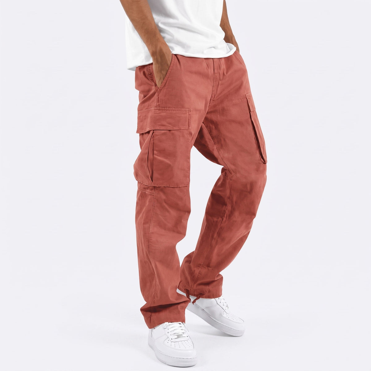 Marcus - Men's Cargo Trousers with Cuffed Hem - Cargo Pants - Red - Parker&Brooks