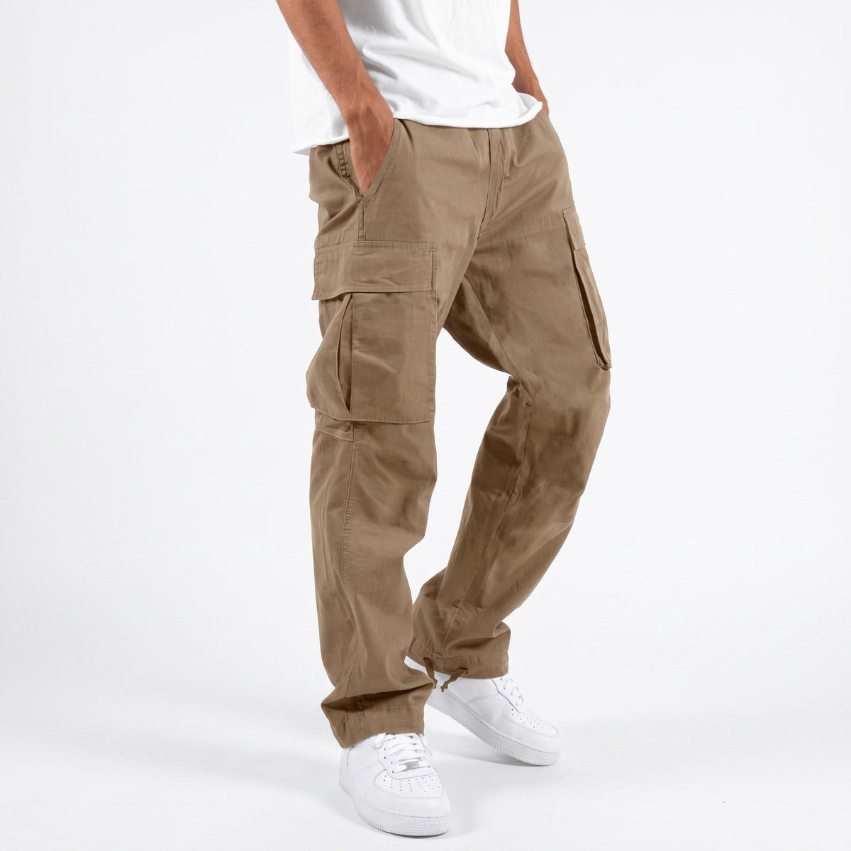 Marcus - Men's Cargo Trousers with Cuffed Hem - Cargo Pants - Beige - Parker&Brooks