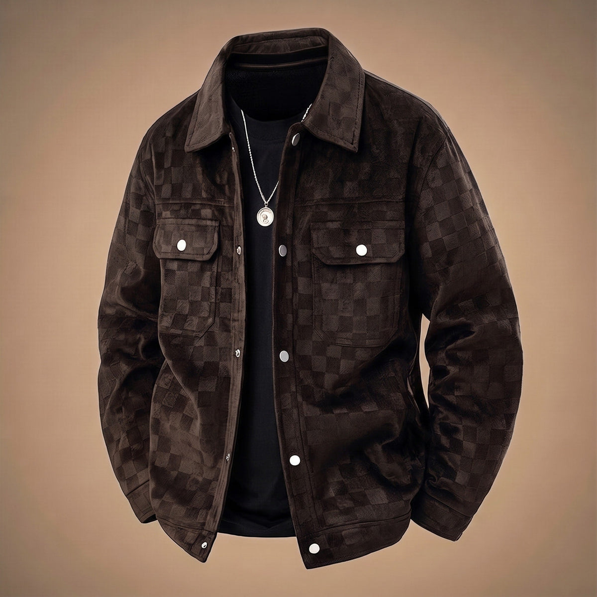 Marcus - Men's Checkered Snap Button Trucker Jacket with Chest Pockets - Trucker Jackets - Black - Parker&Brooks