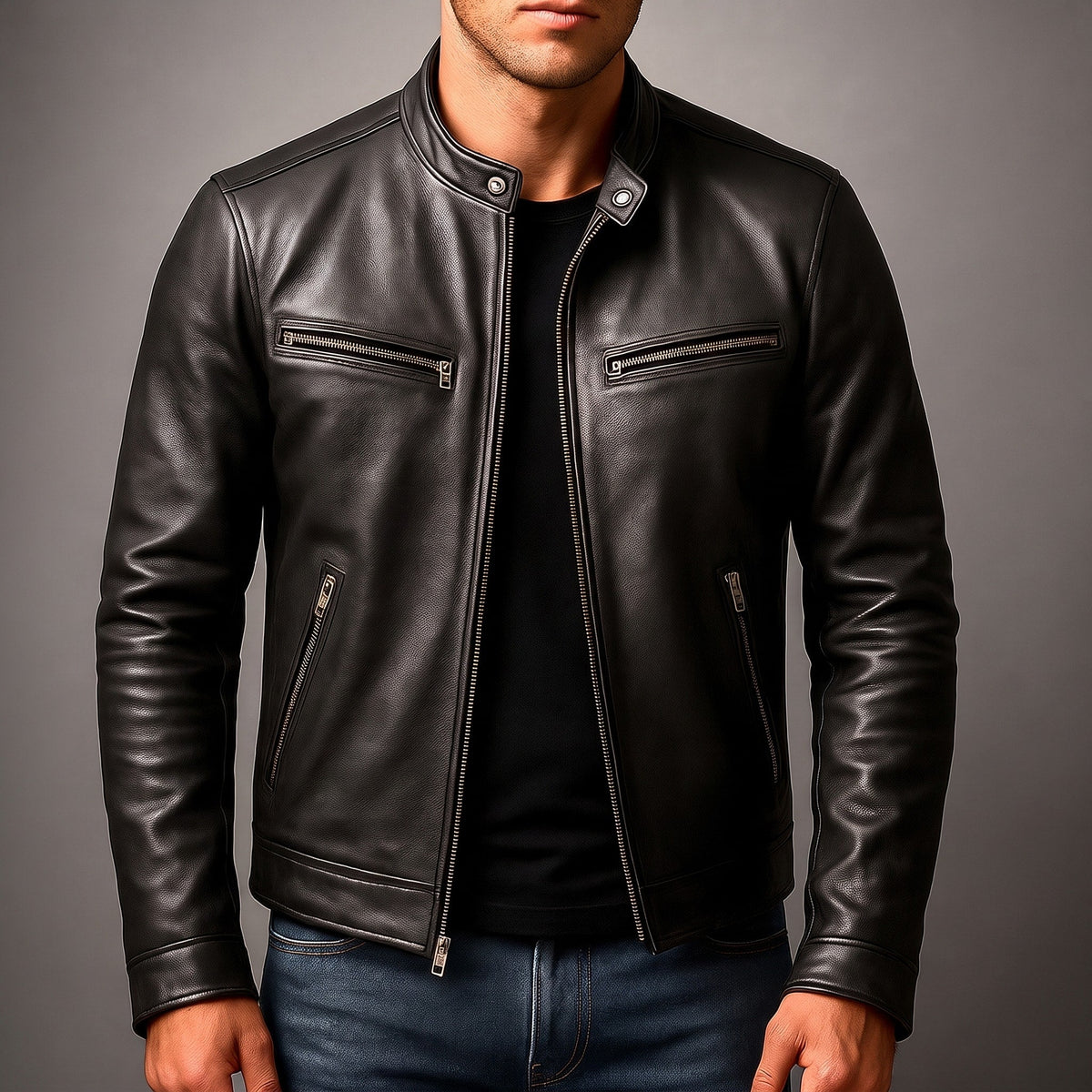 Marcus - Men's Classic Zip-Up Biker Jacket with Snap Collar - Motorcycle Outerwear - Black - Parker&Brooks