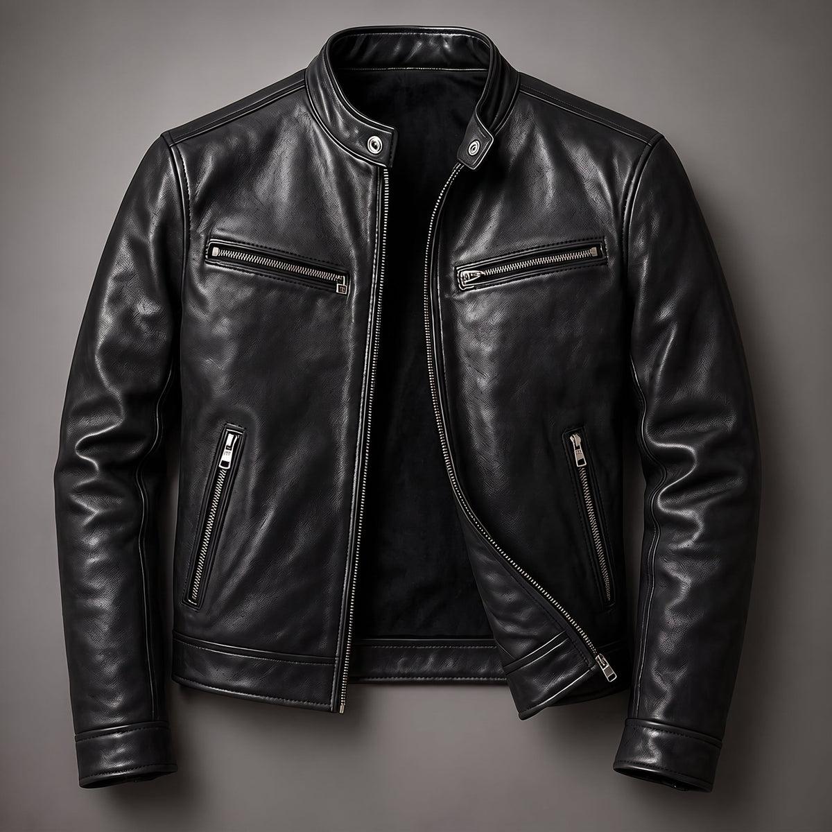 Marcus - Men's Classic Zip-Up Biker Jacket with Snap Collar - Motorcycle Outerwear - Black - Parker&Brooks