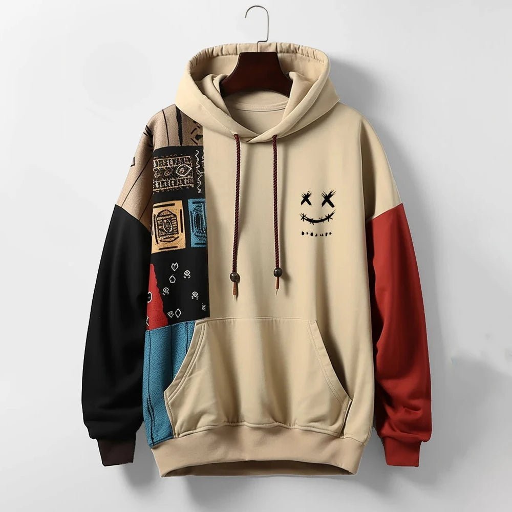 Marcus - Men's Color Block Pullover Hoodie with Graphic Print - Hoodies - Khaki - Sarvento