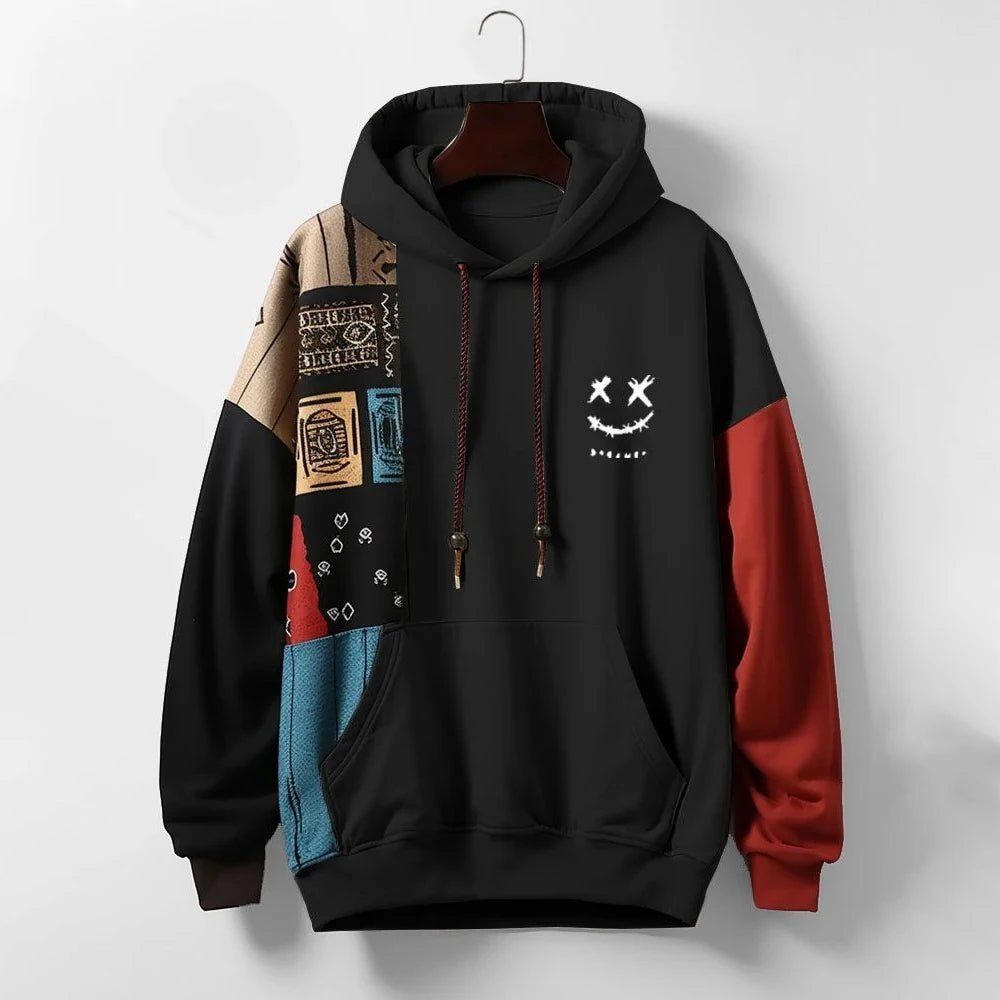 Marcus - Men's Color Block Pullover Hoodie with Graphic Print - Hoodies - Black - Sarvento