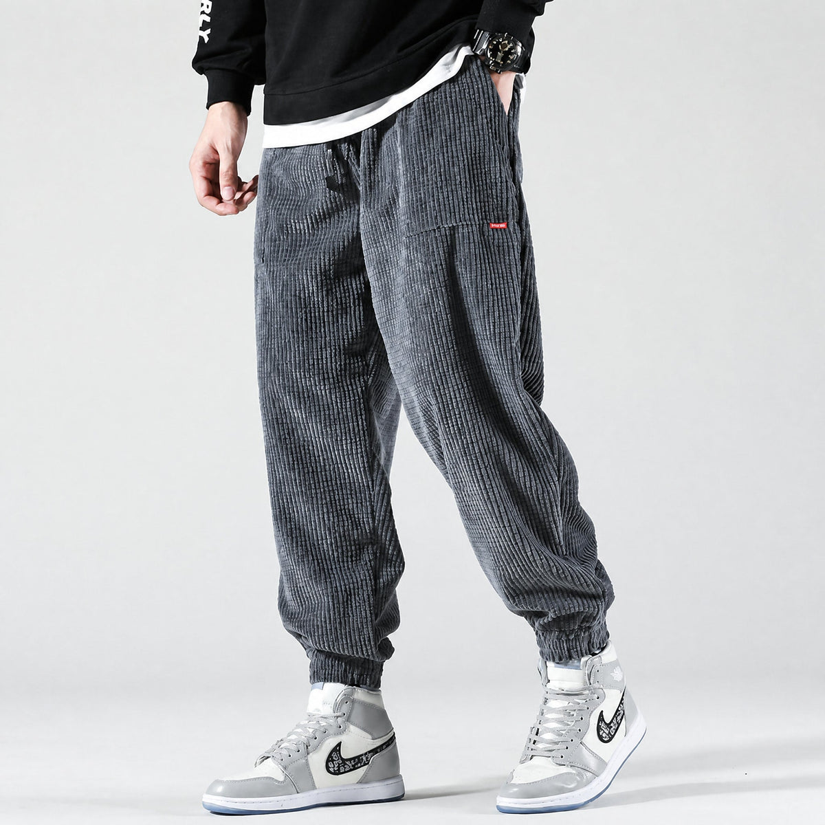 Marcus - Men's Corduroy Cargo Joggers with Drawstring Waist - Joggers - Gray - Parker&Brooks