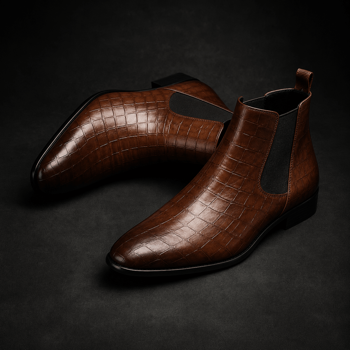 Marcus - Men's Croc-Embossed Chelsea Boots with Pointed Toe - Boots - Brown - Parker&Brooks
