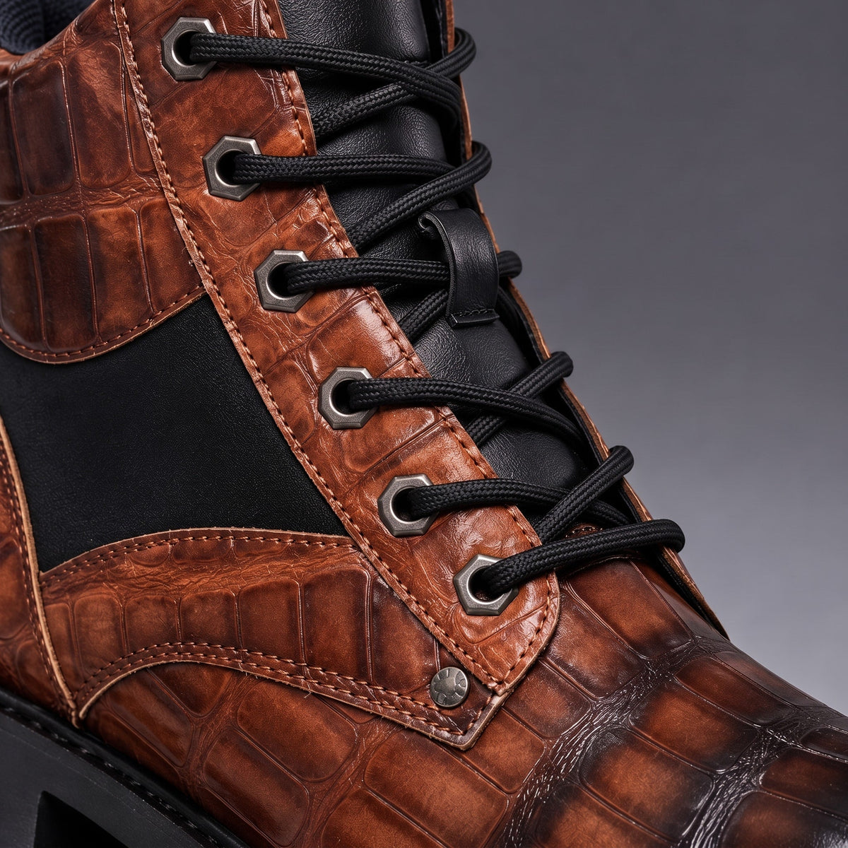 Marcus - Men's Croc-Embossed Lace-Up Ankle Boots with Lug Sole - Boots - Brown - Parker&Brooks