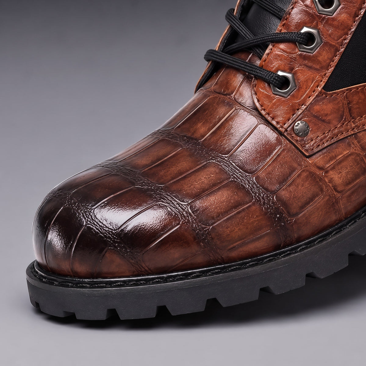Marcus - Men's Croc-Embossed Lace-Up Ankle Boots with Lug Sole - Boots - Brown - Parker&Brooks
