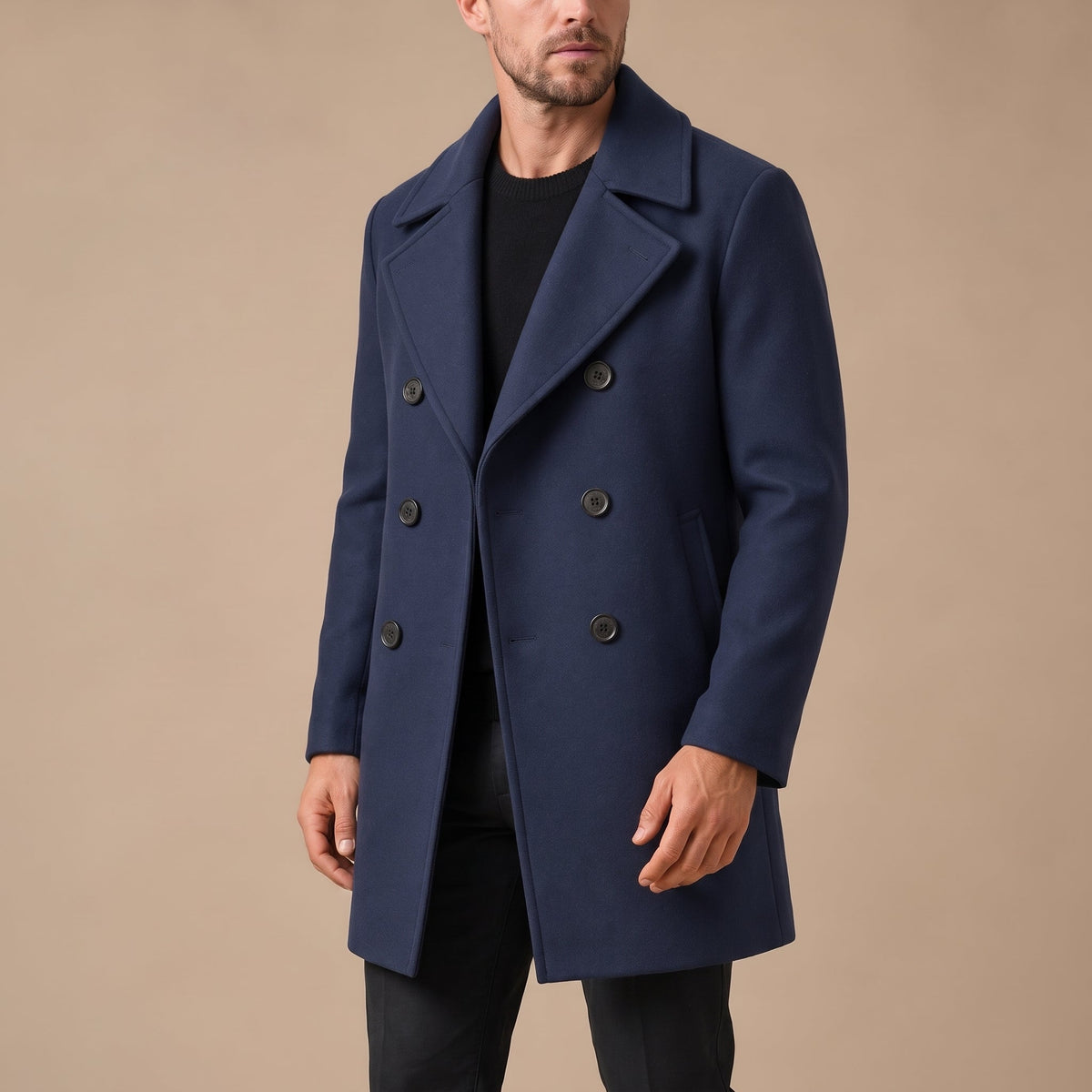 Marcus - Men's Double-Breasted Tailored Wool-Blend Peacoat - Pea Coats - Navy Blue - Sarvento