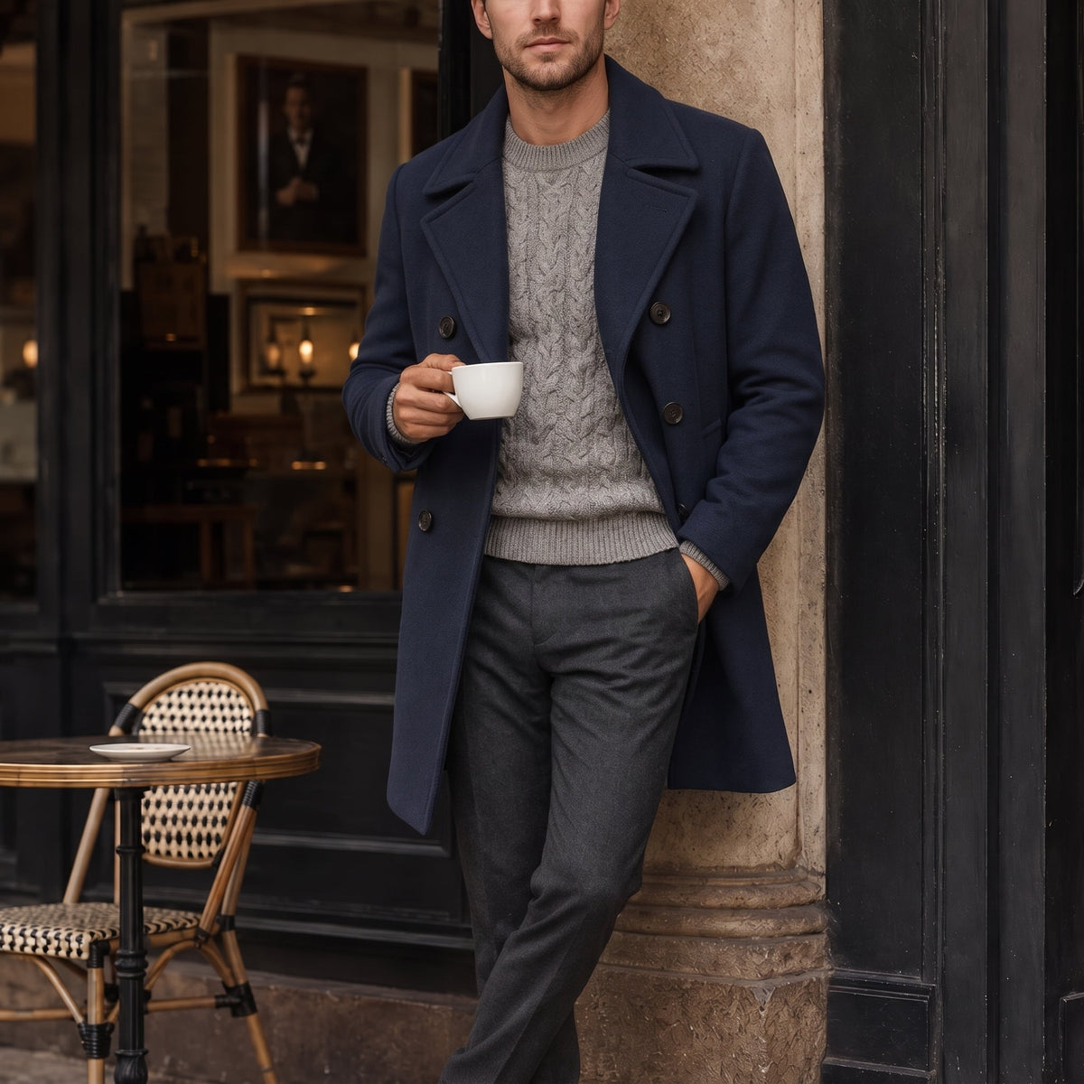 Marcus - Men's Double-Breasted Tailored Wool-Blend Peacoat - Pea Coats - Navy Blue - Sarvento