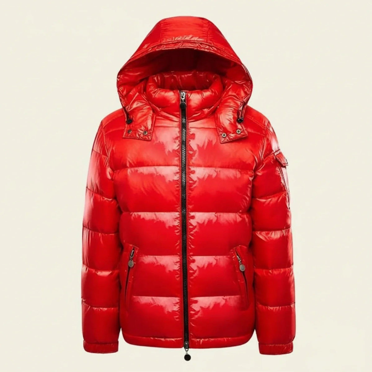 Marcus - Men's Glossy Hooded Puffer Jacket with Zip Pockets - Puffer Jackets - Red - Sarvento