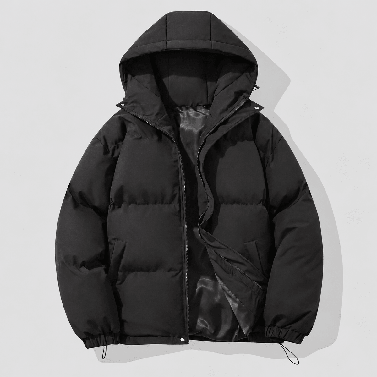 Marcus - Men's Hooded Puffer Jacket with Drawstring Hem and Zip Closure - Puffer Jackets - Black - Sarvento
