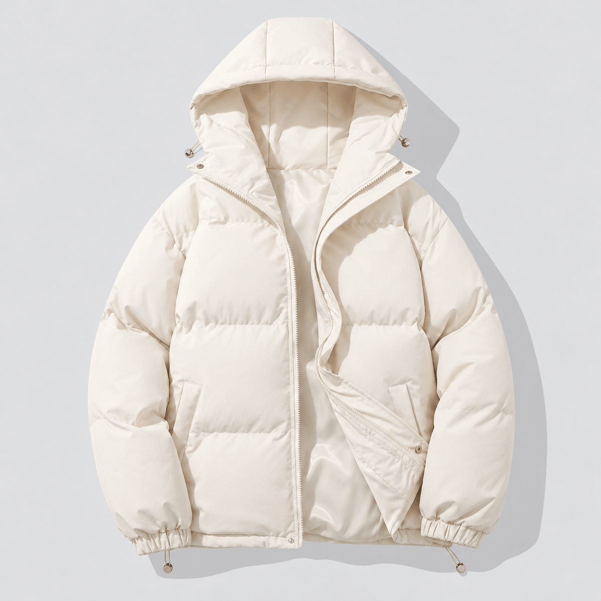 Marcus - Men's Hooded Puffer Jacket with Drawstring Hem and Zip Closure - Puffer Jackets - Cream - Sarvento