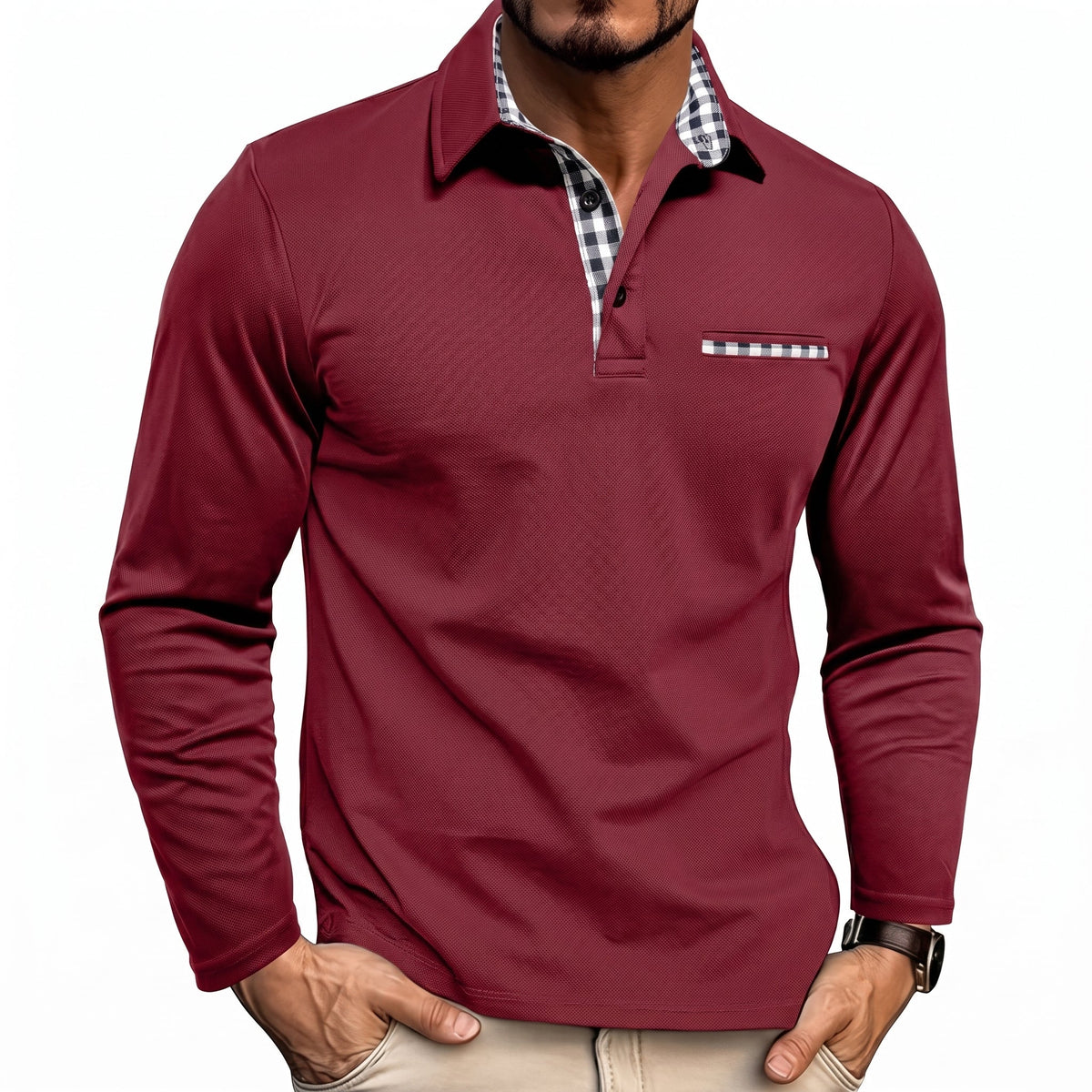Marcus - Men's Long Sleeve Polo Shirt with Check Collar Detail - Polos - Red - Parker&Brooks