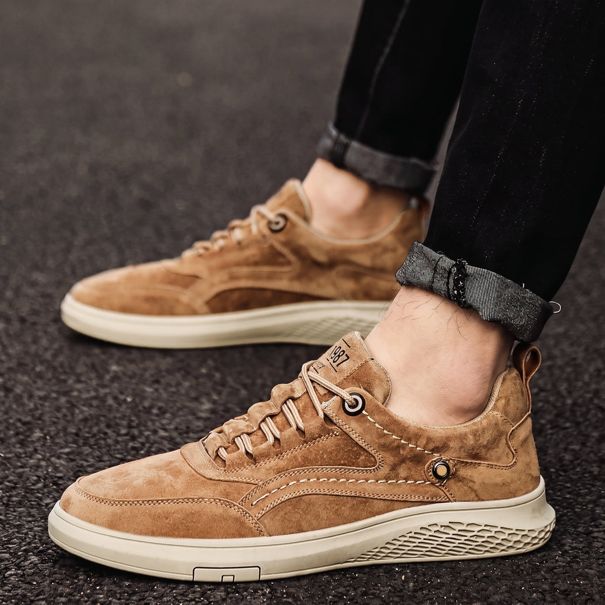 Marcus - Men's Low-Top Suede-Look Sneakers with Lace-Up Detail - Sneakers - Khaki - Parker&Brooks
