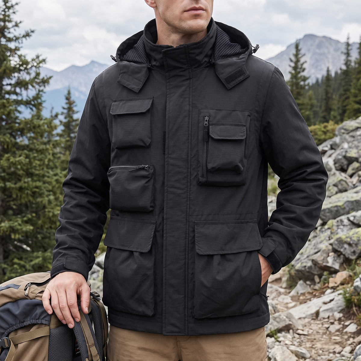 Marcus - Men's Multi-Pocket Hooded Utility Jacket with Zip Closure - Coats & Jackets - Black - Parker&Brooks