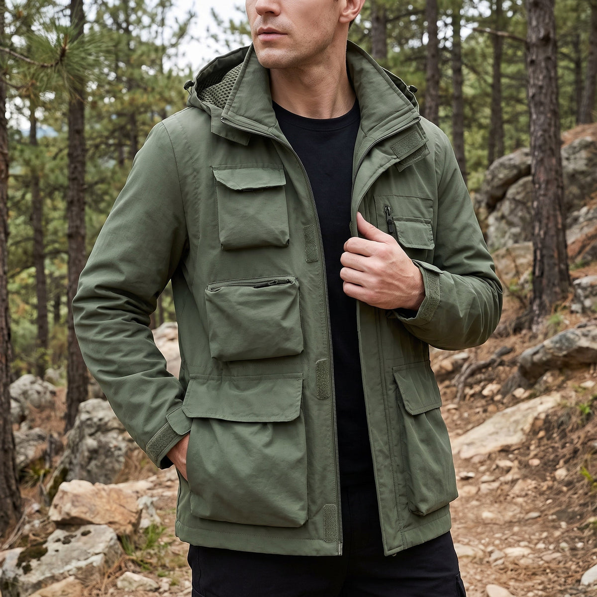 Marcus - Men's Multi-Pocket Hooded Utility Jacket with Zip Closure - Coats & Jackets - Green - Parker&Brooks
