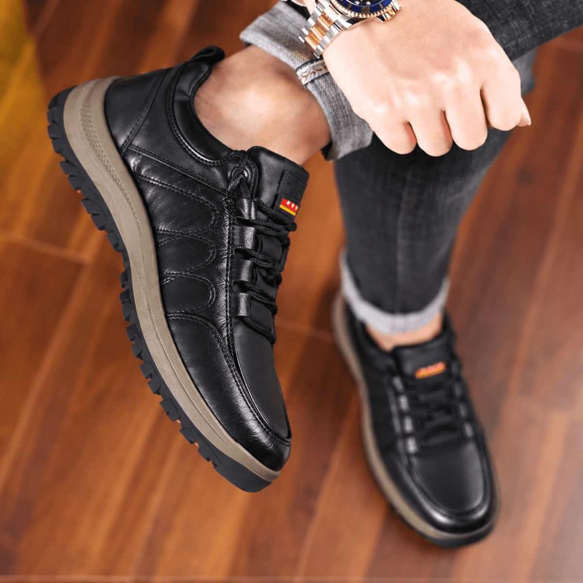 Marcus - Men's Orthopedic Lace-Up Leather Shoes with Lugged Sole - Sneakers - Black - Sarvento