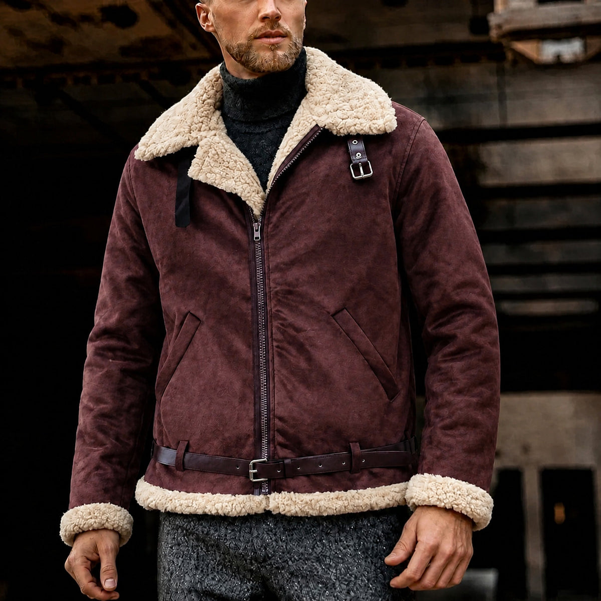 Marcus - Men's Oversized Aviator Jacket with Belted Waist - Bomber Jackets - Brown - Parker&Brooks