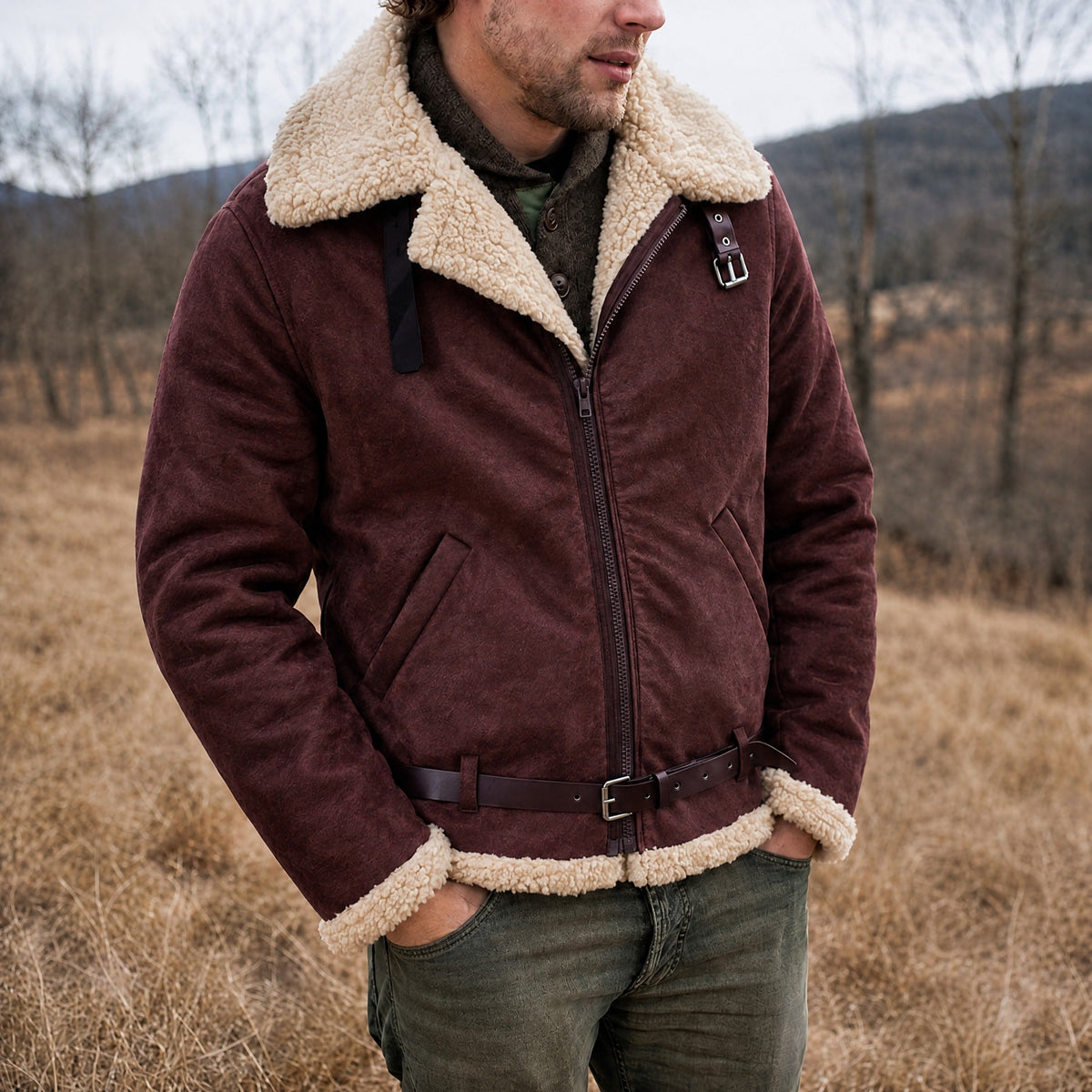 Marcus - Men's Oversized Aviator Jacket with Belted Waist - Bomber Jackets - Brown - Parker&Brooks