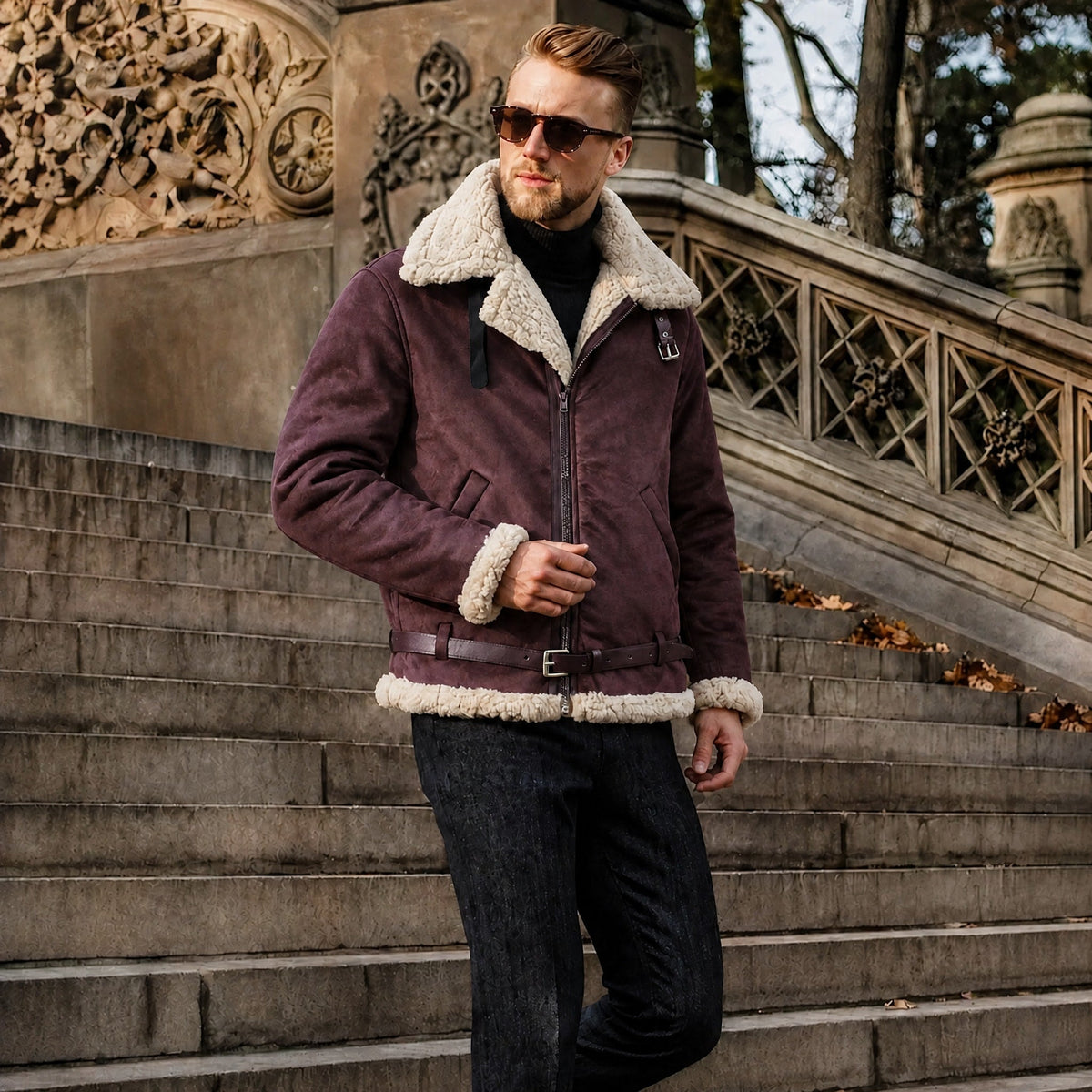 Marcus - Men's Oversized Aviator Jacket with Belted Waist - Bomber Jackets - Brown - Parker&Brooks