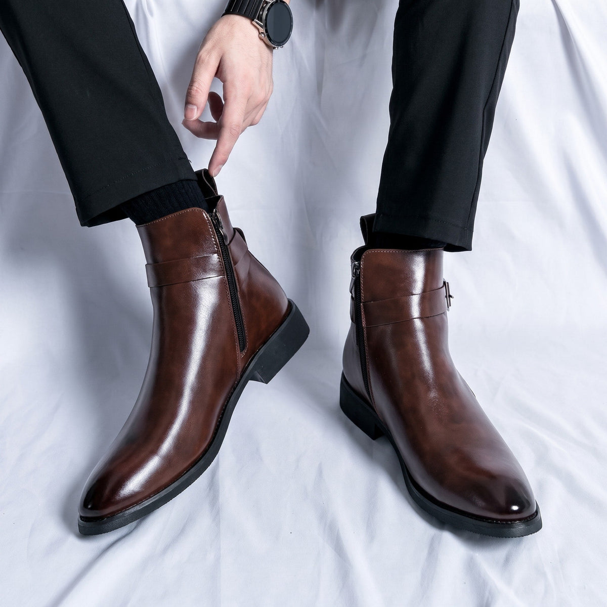 Marcus - Men's Pointed Toe Ankle Boots with Buckle Strap - Boots - Brown - Parker&Brooks