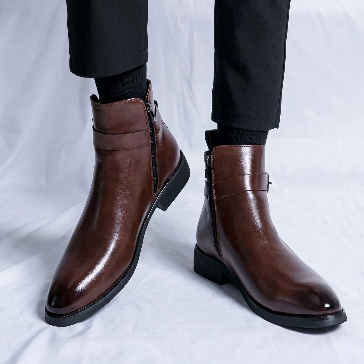 Marcus - Men's Pointed Toe Ankle Boots with Buckle Strap - Boots - Brown - Parker&Brooks