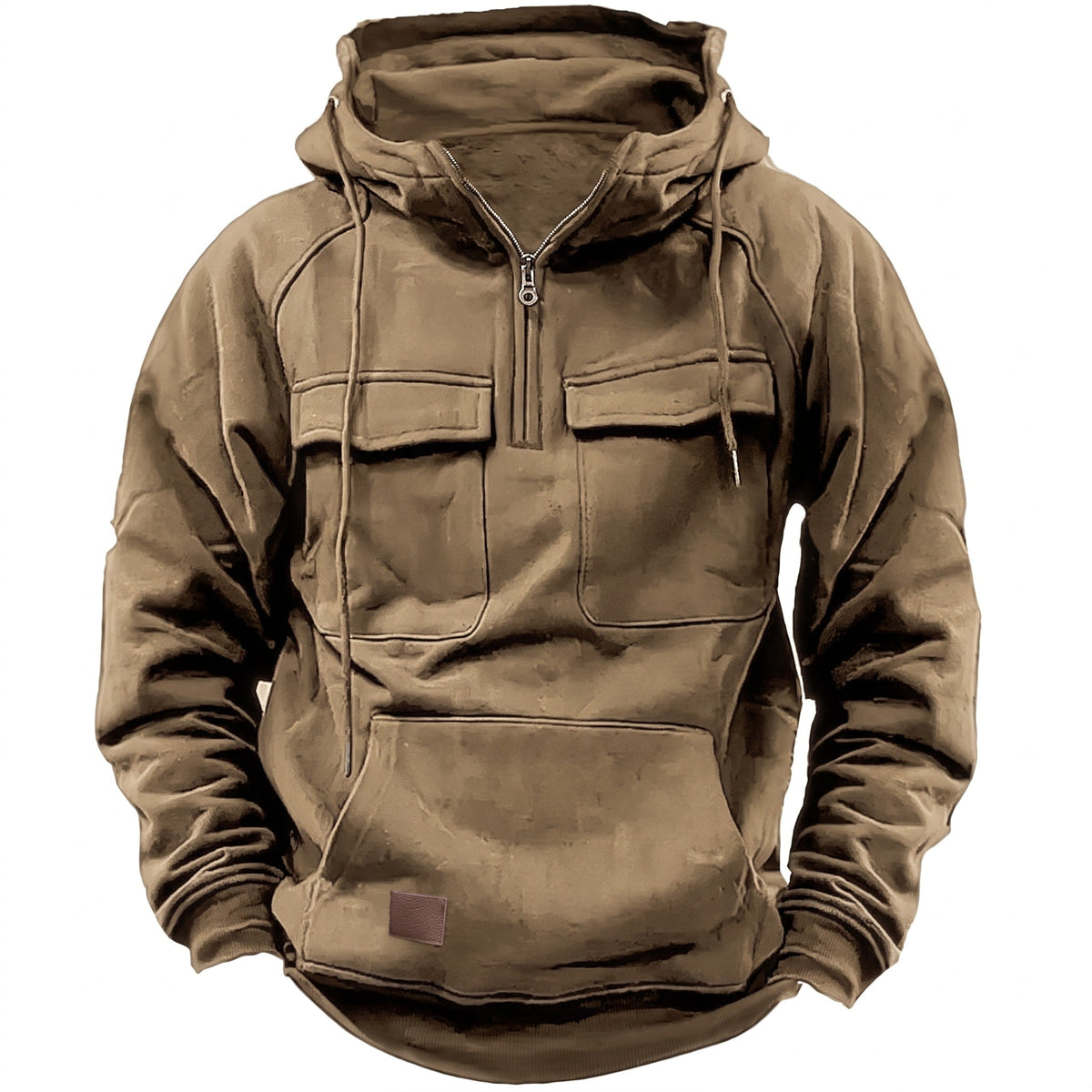 Marcus - Men's Quarter-Zip Hooded Sweatshirt with Cargo Pockets and Kangaroo Pocket - Hoodies - Khaki - Sarvento