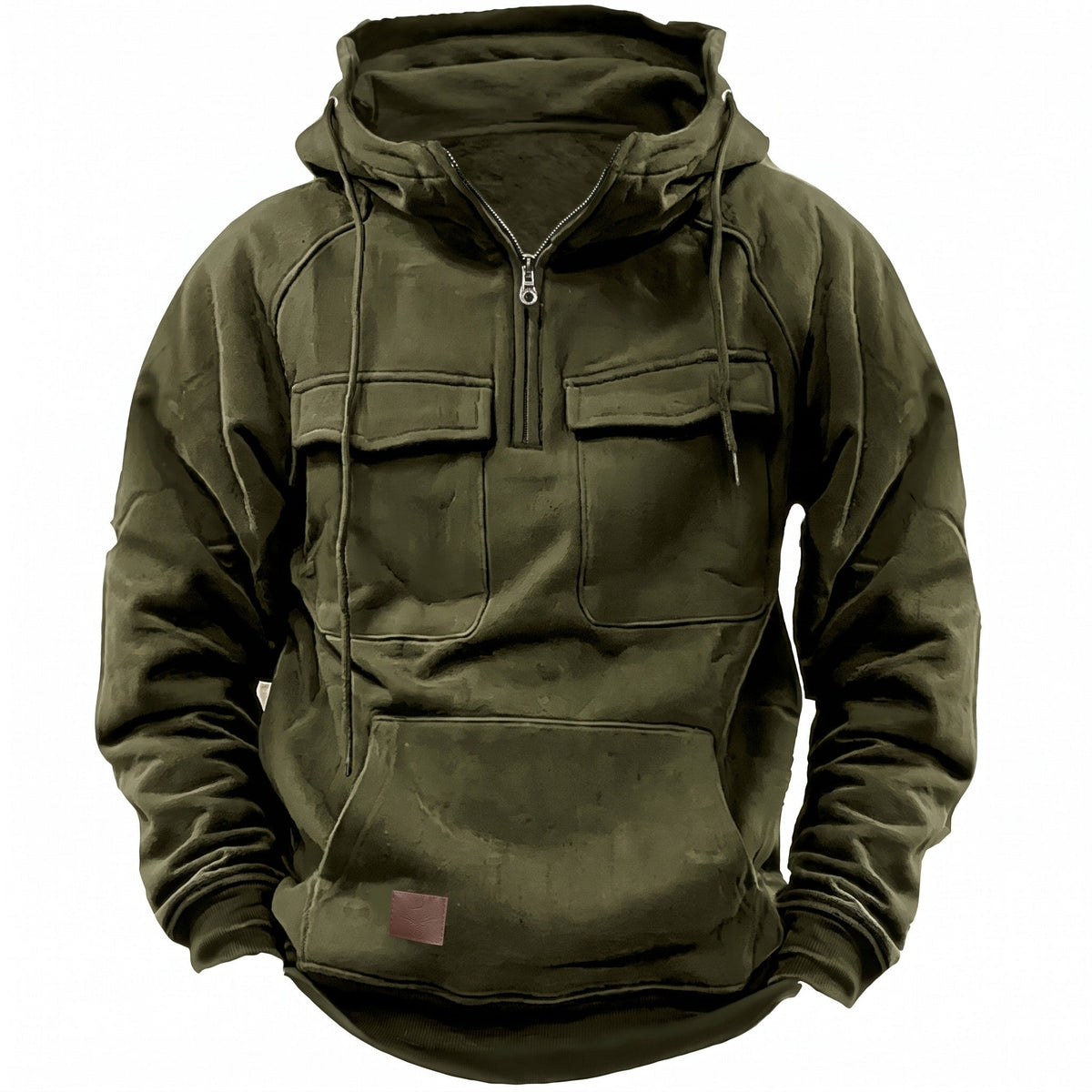 Marcus - Men's Quarter-Zip Hooded Sweatshirt with Cargo Pockets and Kangaroo Pocket - Hoodies - Dark Green - Sarvento
