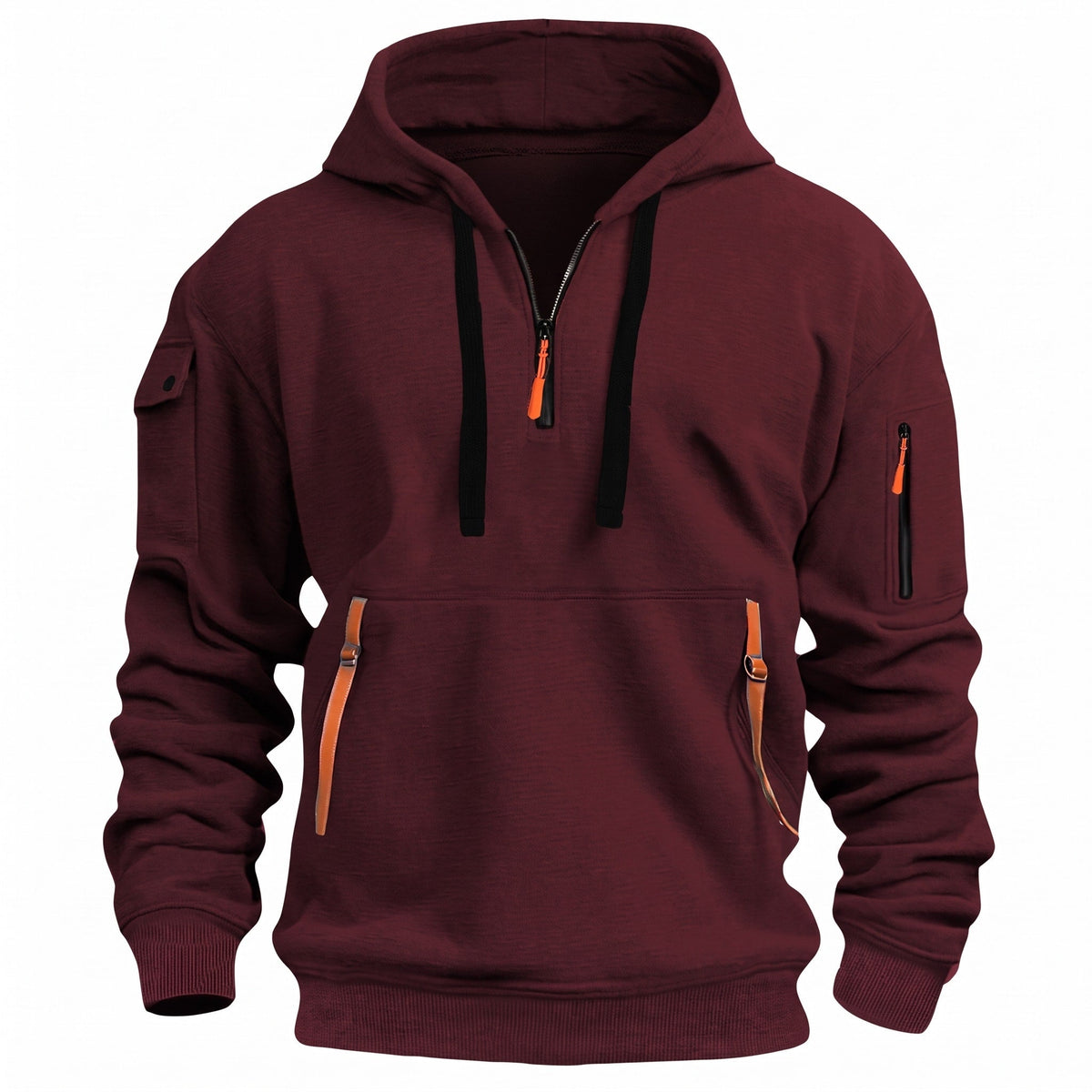 Marcus - Men's Quarter-Zip Hooded Sweatshirt with Cargo Pockets - Hoodies - Red - Sarvento