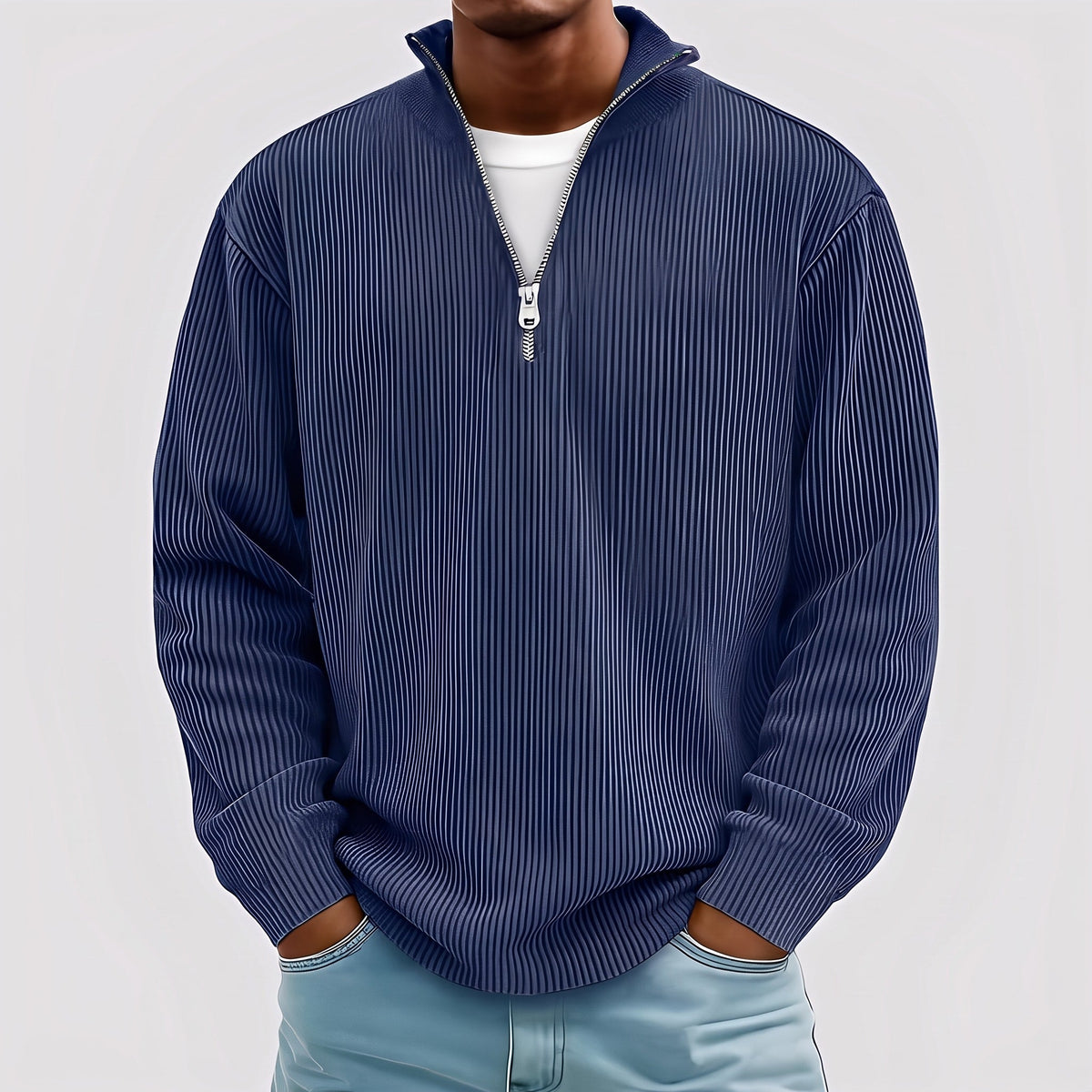 Marcus - Men's Quarter-Zip Ribbed Sweater with Mock Neck Collar - Sweater - Navy - Sarvento