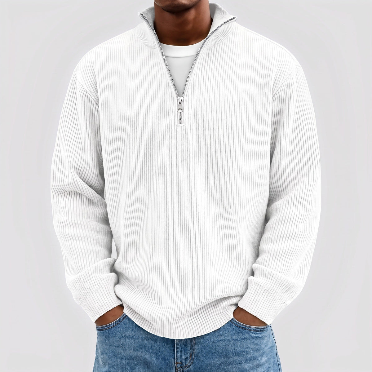 Marcus - Men's Quarter-Zip Ribbed Sweater with Mock Neck Collar - Sweater - White - Sarvento