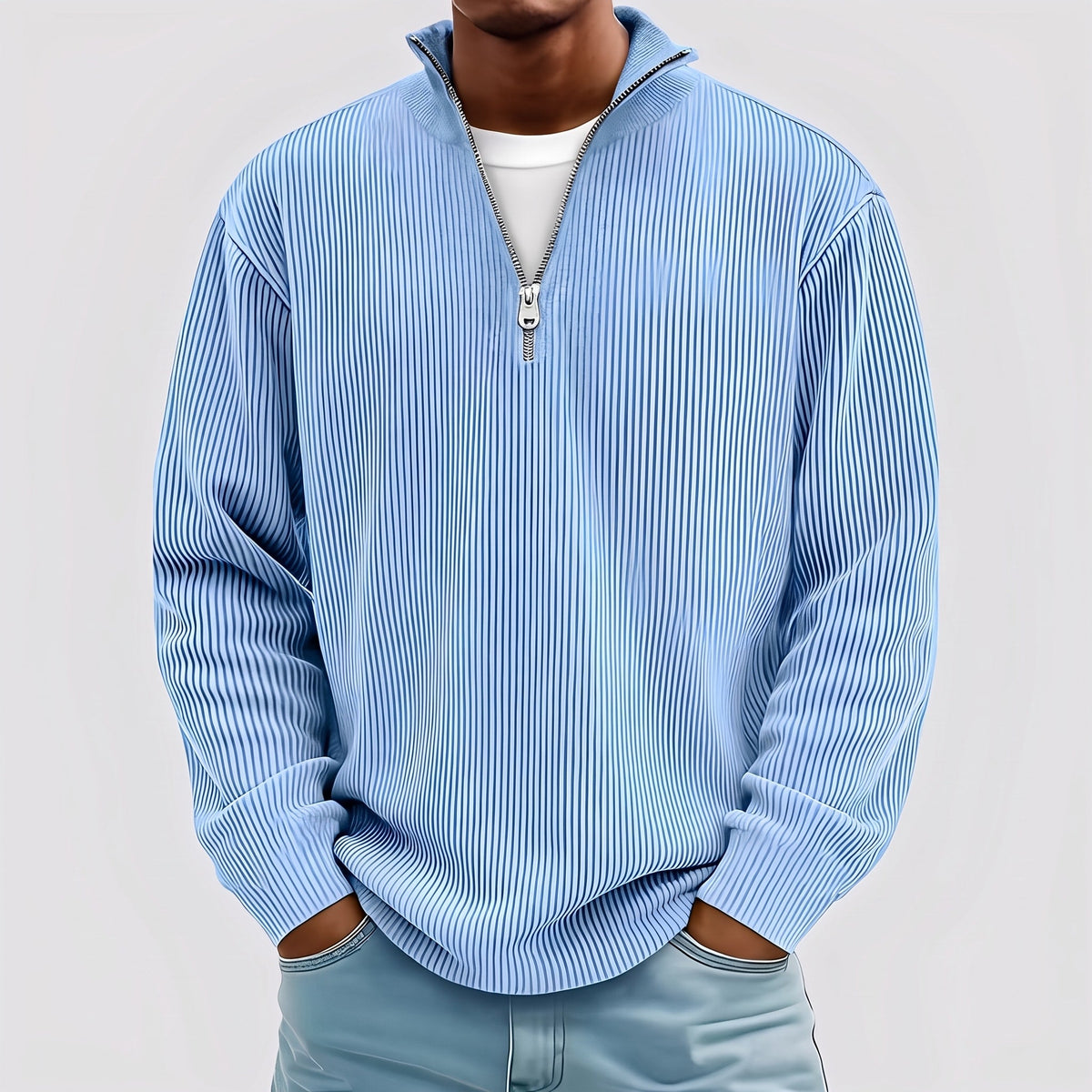 Marcus - Men's Quarter-Zip Ribbed Sweater with Mock Neck Collar - Sweater - Blue - Sarvento