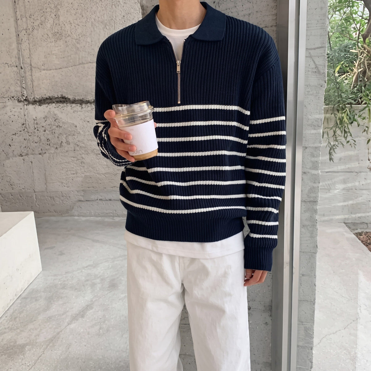 Marcus - Men's Quarter-Zip Striped Sweater with Collared Neckline - Sweaters - Black - Sarvento
