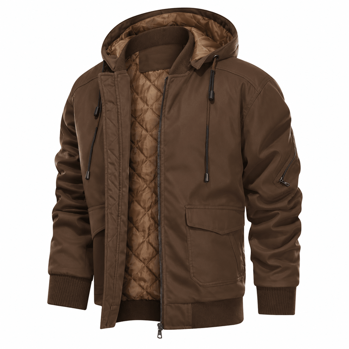 Marcus - Men’s Quilted Hooded Bomber Jacket with Arm Zip Pocket - Bomber Jackets - Brown - Sarvento
