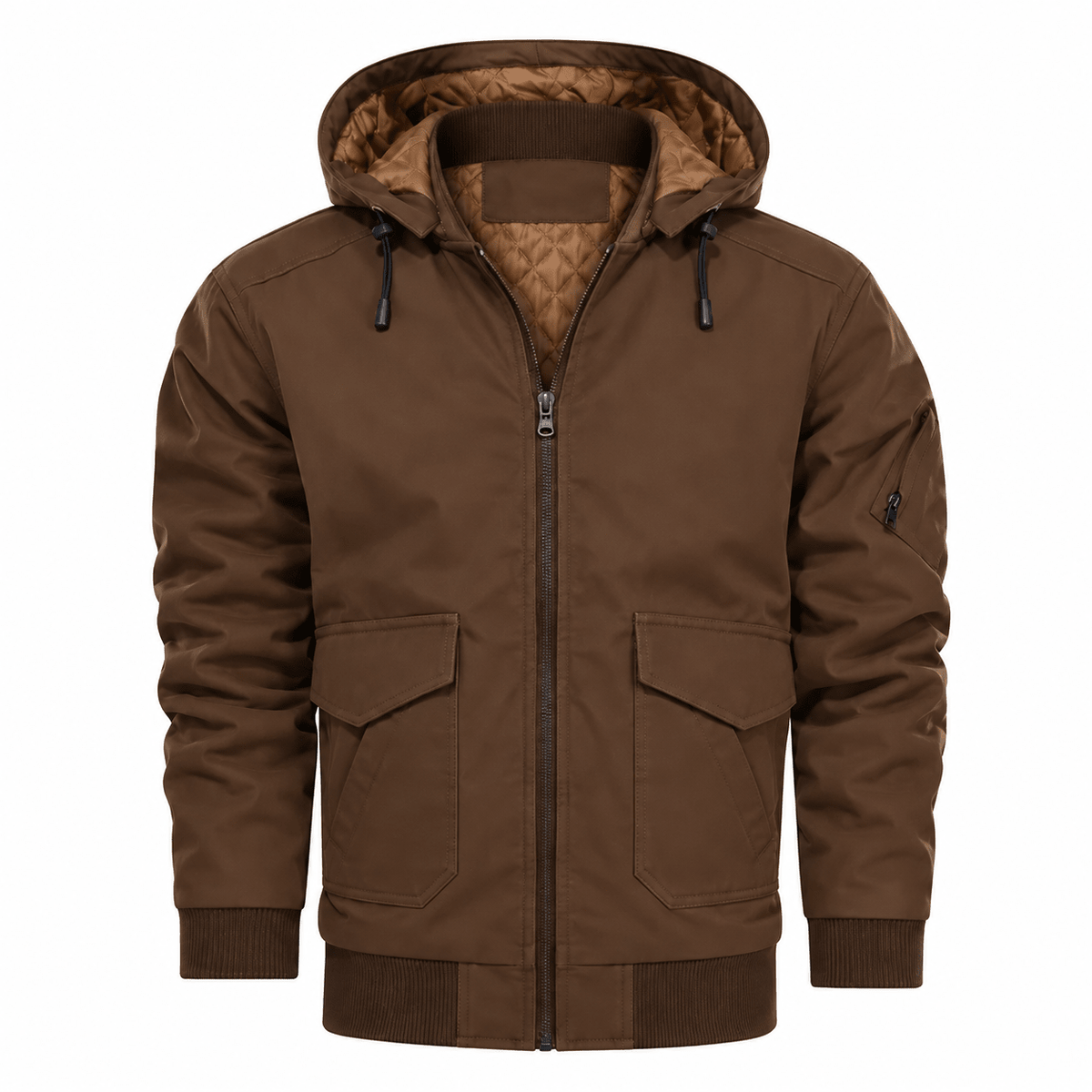 Marcus - Men’s Quilted Hooded Bomber Jacket with Arm Zip Pocket - Bomber Jackets - Brown - Sarvento