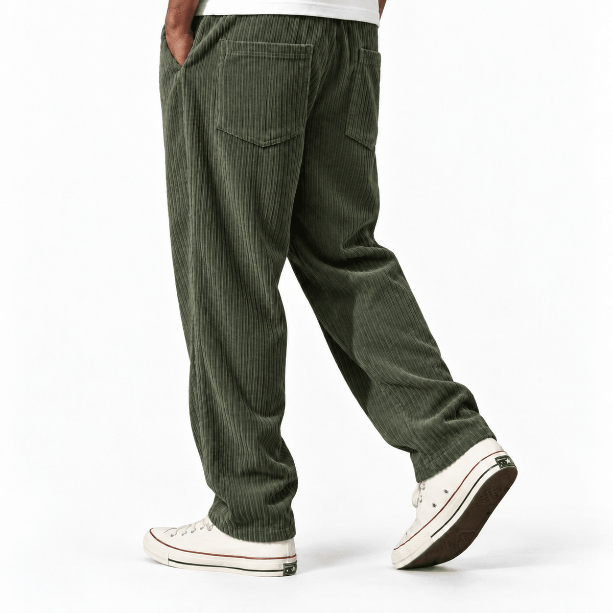 Marcus – Men’s Relaxed Straight Leg Elastic Waist Corduroy Trousers - Trousers - Green - Sarvento
