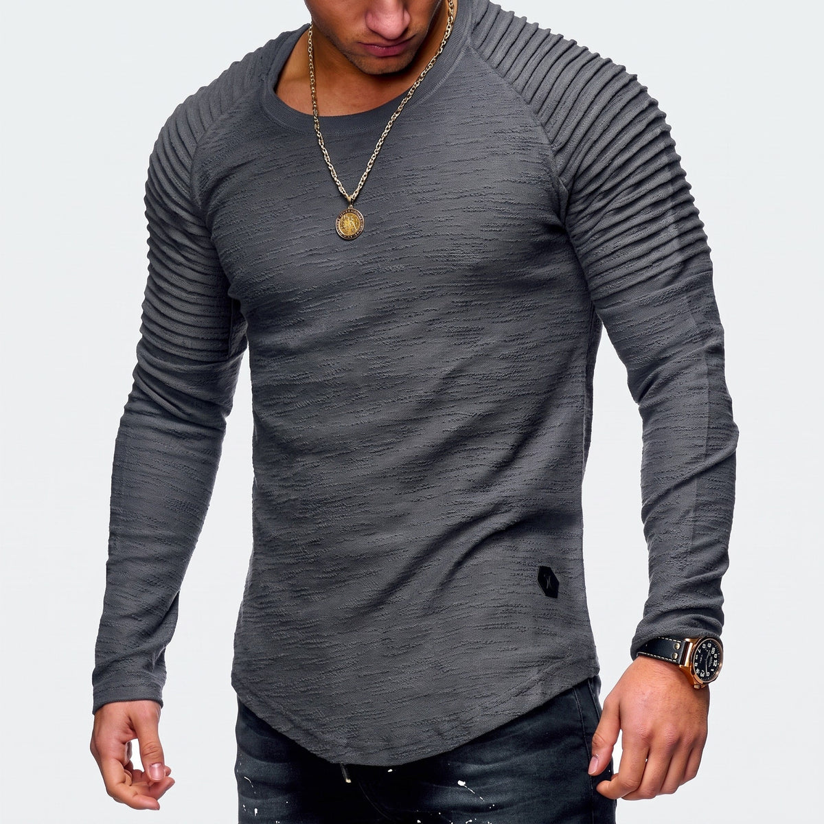 Marcus - Men's Ribbed Raglan Sleeve Long Sleeve T-Shirt with Curved Hem - T-Shirt - Gray - Sarvento